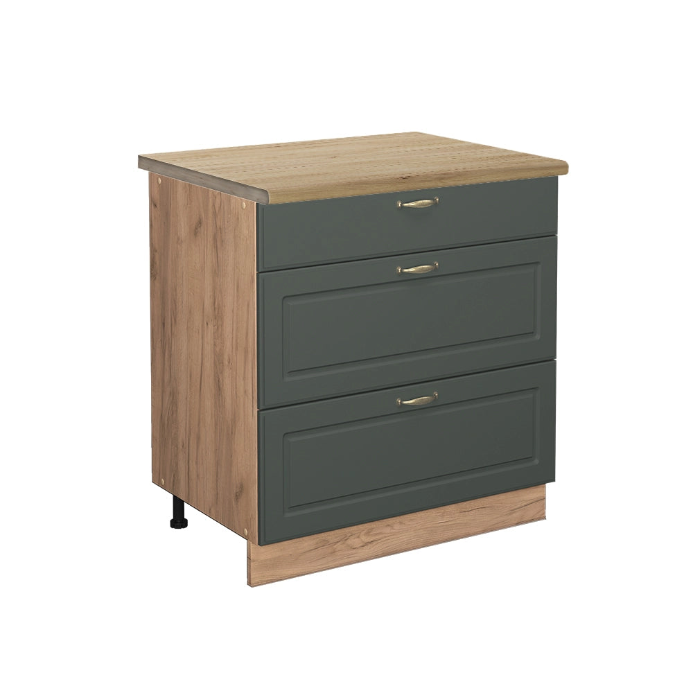 Mobiletto base per cucina Fame-Line Verde-oro rustico/Rovere dorato 80 cm con 3 cassetti, PL Rovere Vicco