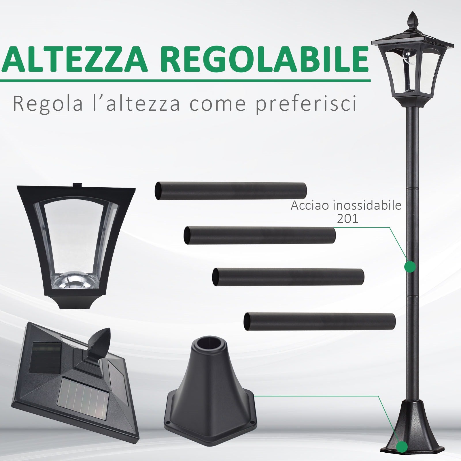 Easycomfort Lampione LED da Esterno ad Energia Solare Lampada da Giardino Lampada da Terra Impermeabile IP44 18×18×160cm Nero