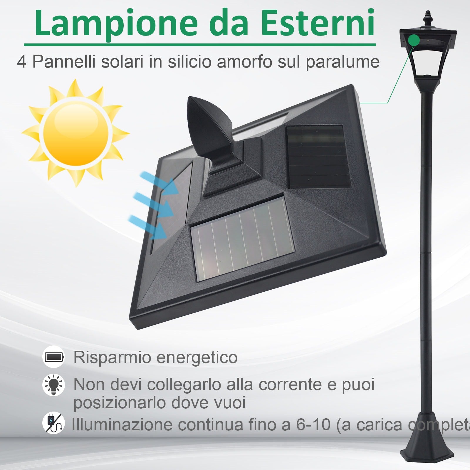 Easycomfort Lampione LED da Esterno ad Energia Solare Lampada da Giardino Lampada da Terra Impermeabile IP44 18×18×160cm Nero