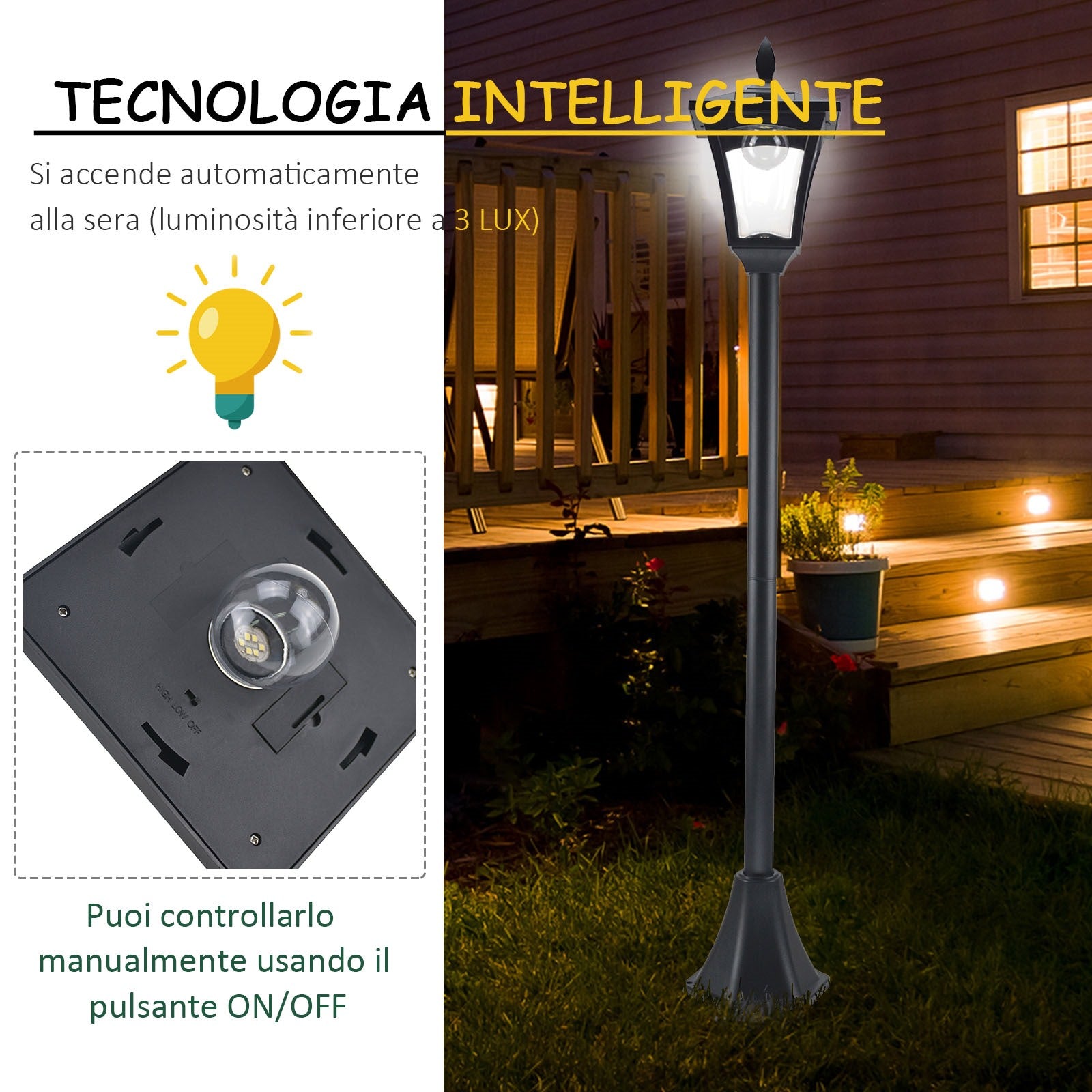 Easycomfort Lampione LED da Esterno ad Energia Solare Lampada da Giardino Lampada da Terra Impermeabile IP44 18×18×160cm Nero