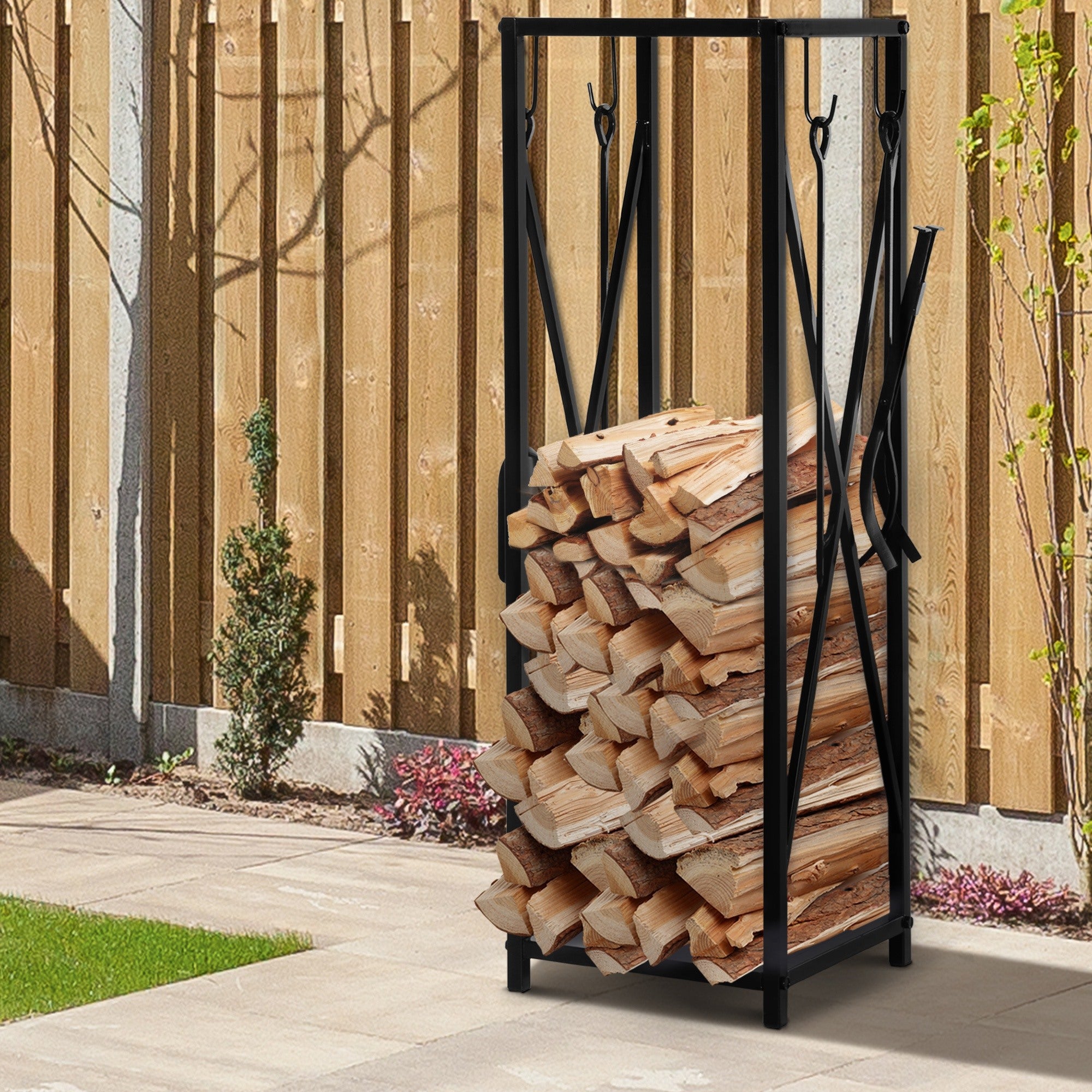 Easycomfort Portalegna da Interno ed Esterno Salvaspazio in Metallo con Paletta, Scopino, Attizzatoio e Pinza, 34x34x111cm, Nero