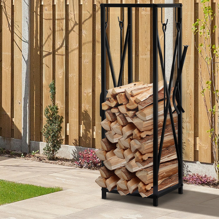 Easycomfort Portalegna da Interno ed Esterno Salvaspazio in Metallo con Paletta, Scopino, Attizzatoio e Pinza, 34x34x111cm, Nero