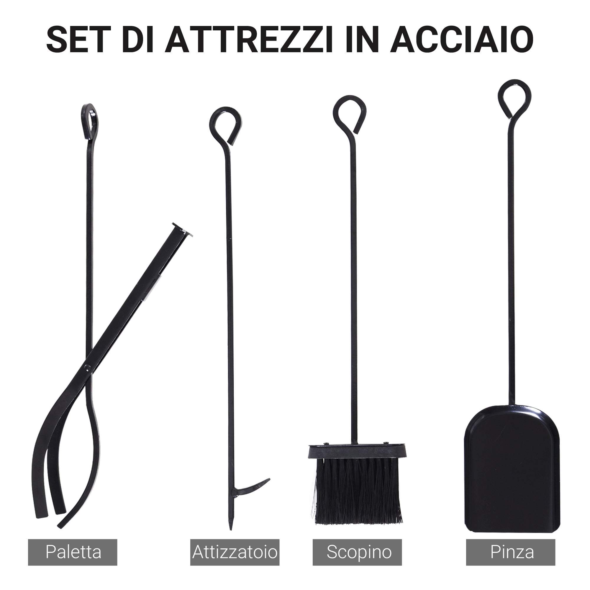 Easycomfort Portalegna da Interno ed Esterno Salvaspazio in Metallo con Paletta, Scopino, Attizzatoio e Pinza, 34x34x111cm, Nero