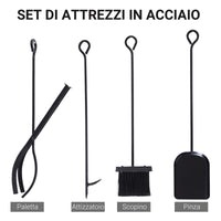 Easycomfort Portalegna da Interno ed Esterno Salvaspazio in Metallo con Paletta, Scopino, Attizzatoio e Pinza, 34x34x111cm, Nero