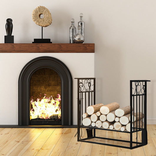 Easycomfort Portalegna Rialzato per Camino in Acciaio Antiruggine, Porta Legna da Interni ed Esterni, 4 Attrezzi Inclusi, 75x30x60cm