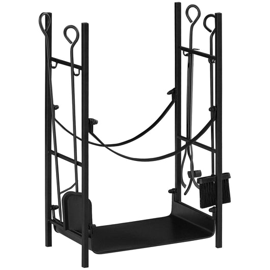 Easycomfort Portalegna da Interno ed Esterno in Metallo a 2 Ripiani, Porta Legna per Interni con Supporti Rimovibili, Paletta, Scopa, Attizzatoio e Pinza, 44.5x29.5x73 cm, Nero