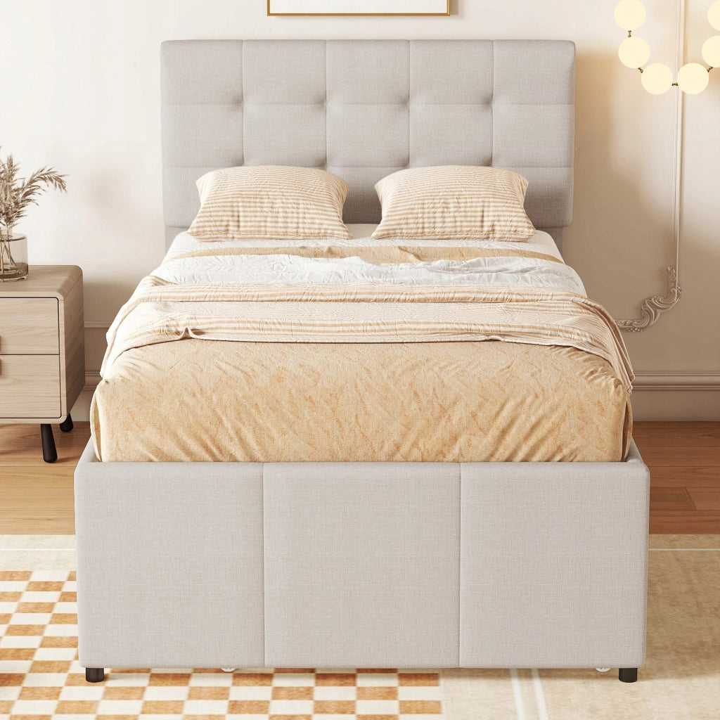 Letto imbottito 90x200 - Xylo - Con tre cassetti, estraibile, color beige