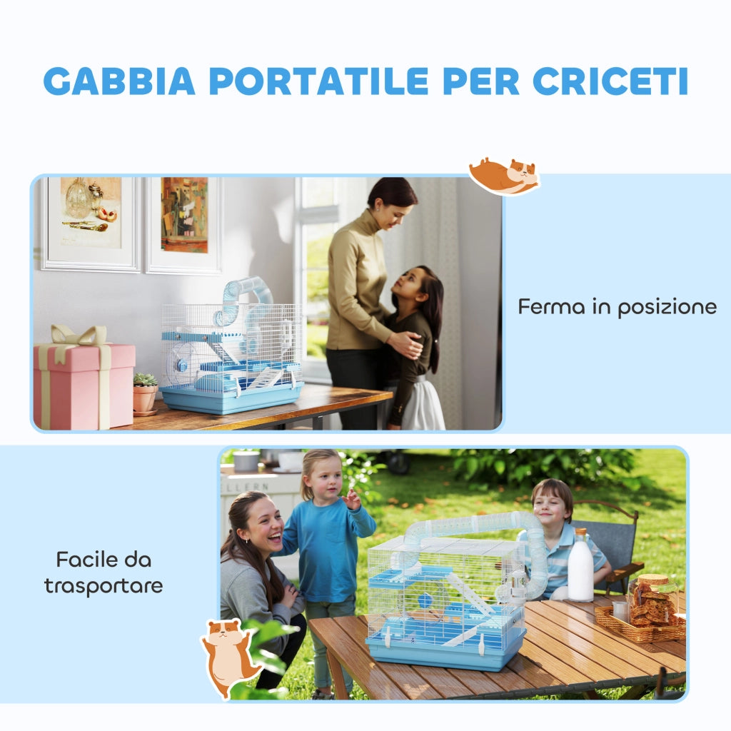 Gabbia per Criceti a 3 Piani con Casetta, Ruota, Ciotola per Cibo, Bottiglia e Tubi, Azzurro