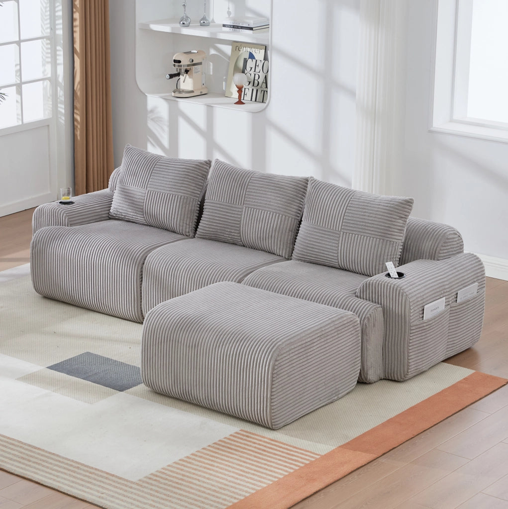 Divano modulare 268x174x80 cm con portabicchieri e tasca laterale in corduroy grigio chiaro