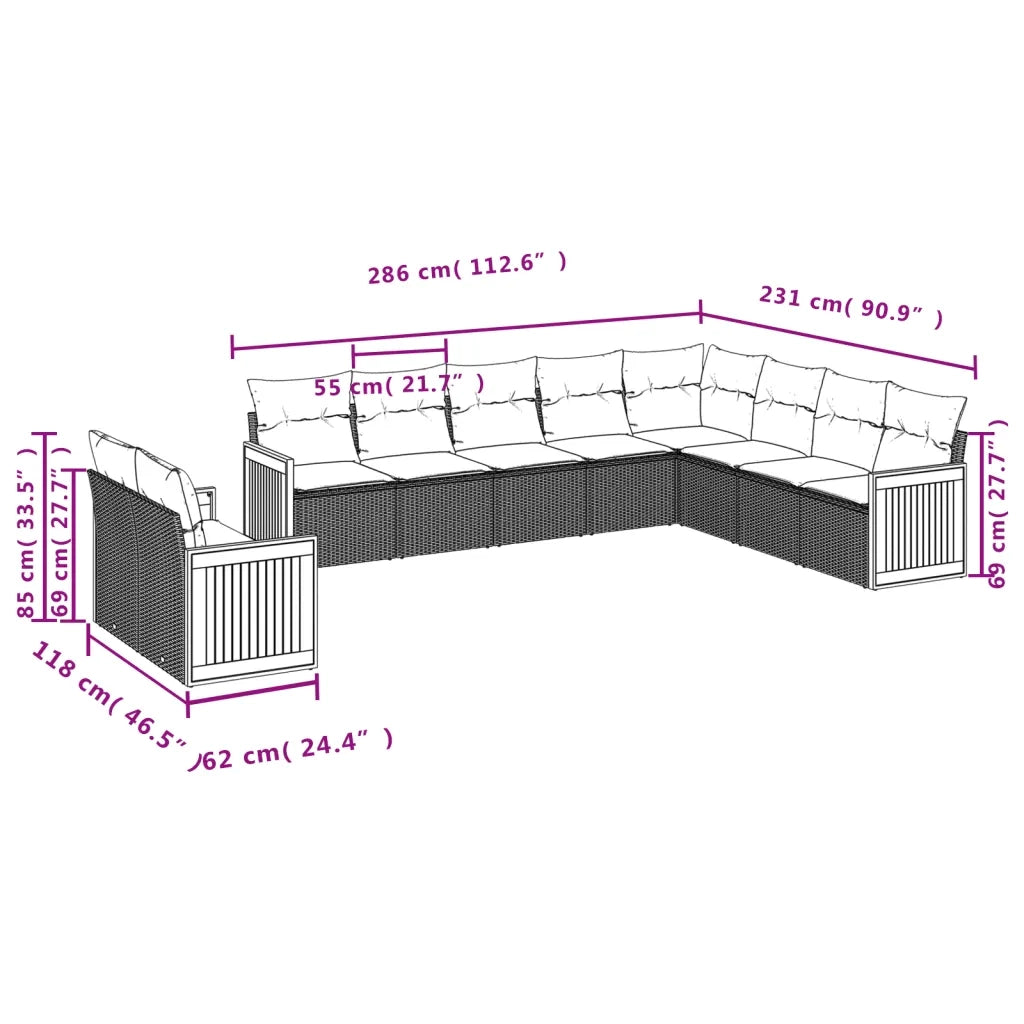 Set Divani da Giardino 10pz con Cuscini in Polyrattan Nero 3227791