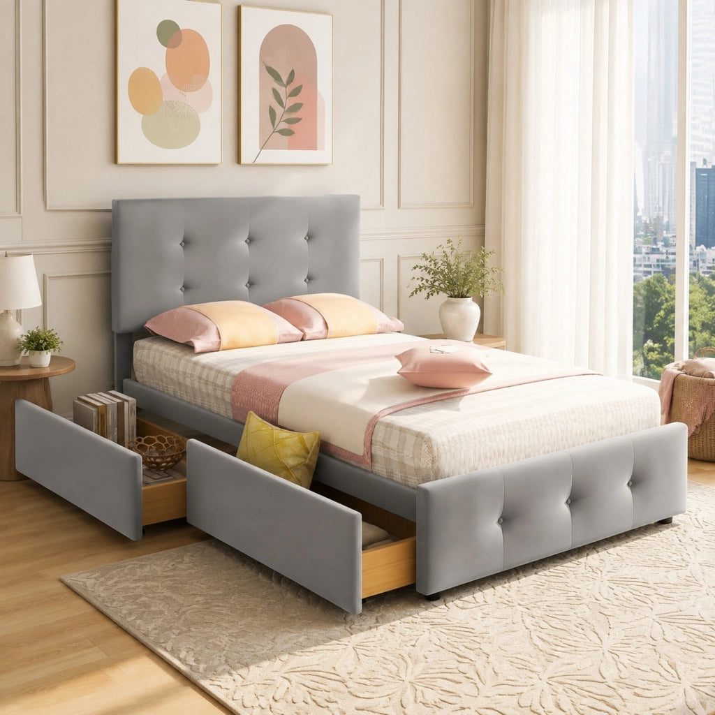 Letto imbottito classico 90x200 cm in velluto grigio con testiera e cassetto contenitore