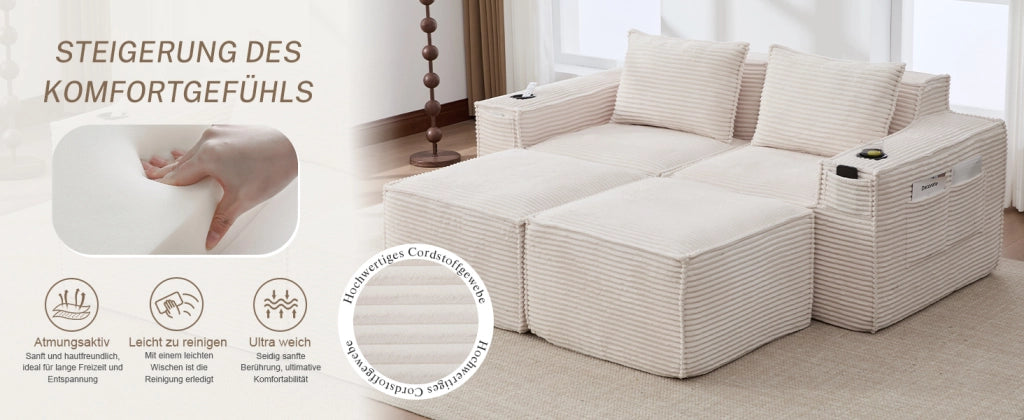DIVANO modulare 2 posti 188x162x75 cm beige in corduroy con 2 pouf