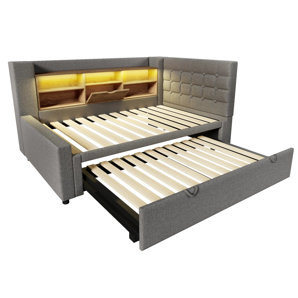 Letto imbottito con letto estraibile 90x200 cm, LED, porte USB, testiera L e vano contenitore, grigio
