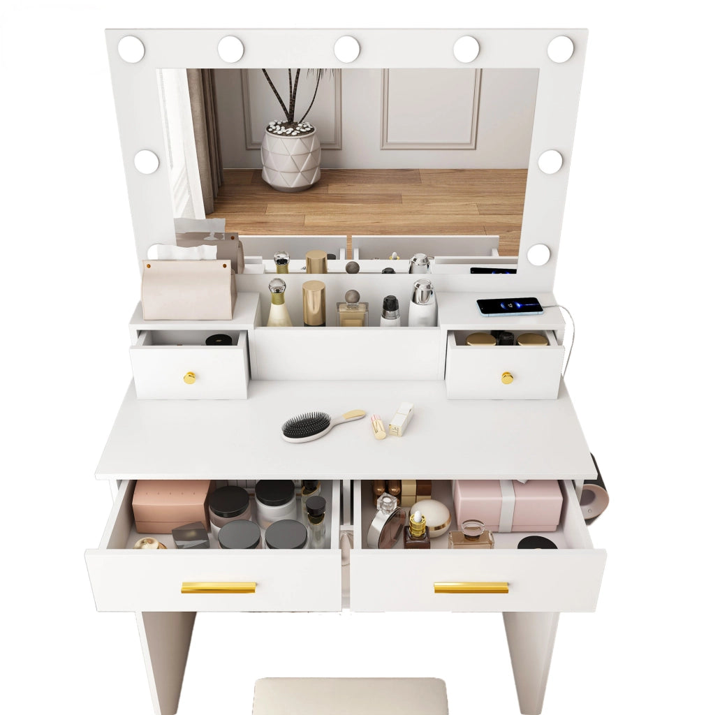 Toeletta con LED a 3 tonalitÃ , presa, 4 cassetti e sgabello in MDF bianco