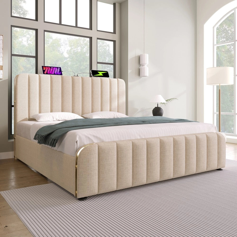 Letto Imbottito Contenitore Matrimoniale ¨C MINIMAL ¨C Beige, Idraulico, USB, 140x200