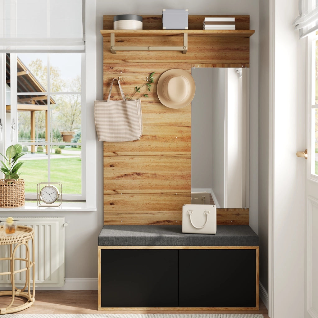 Ensemble de meubles de salon Mobile ingresso con specchio, seduta e vani in truciolare nero