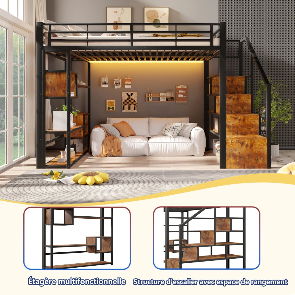 Letto a soppalco 140x200 cm con spazio libero sottostante; LED; ripiano; gradini integrati e parapetto; metallo nero