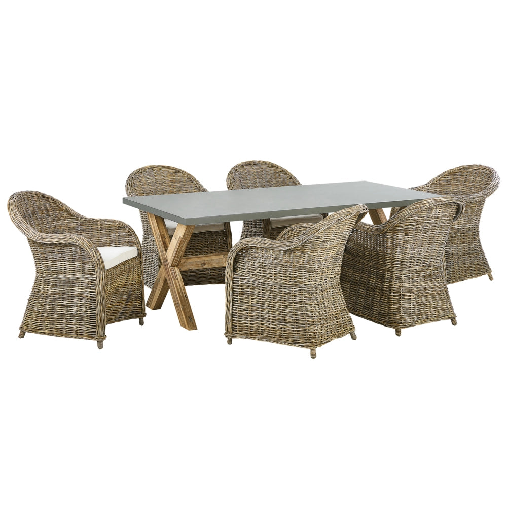 Set da pranzo da giardino Tavolo in cemento naturale 6 sedie in vimini in rattan con cuscini in cotone
