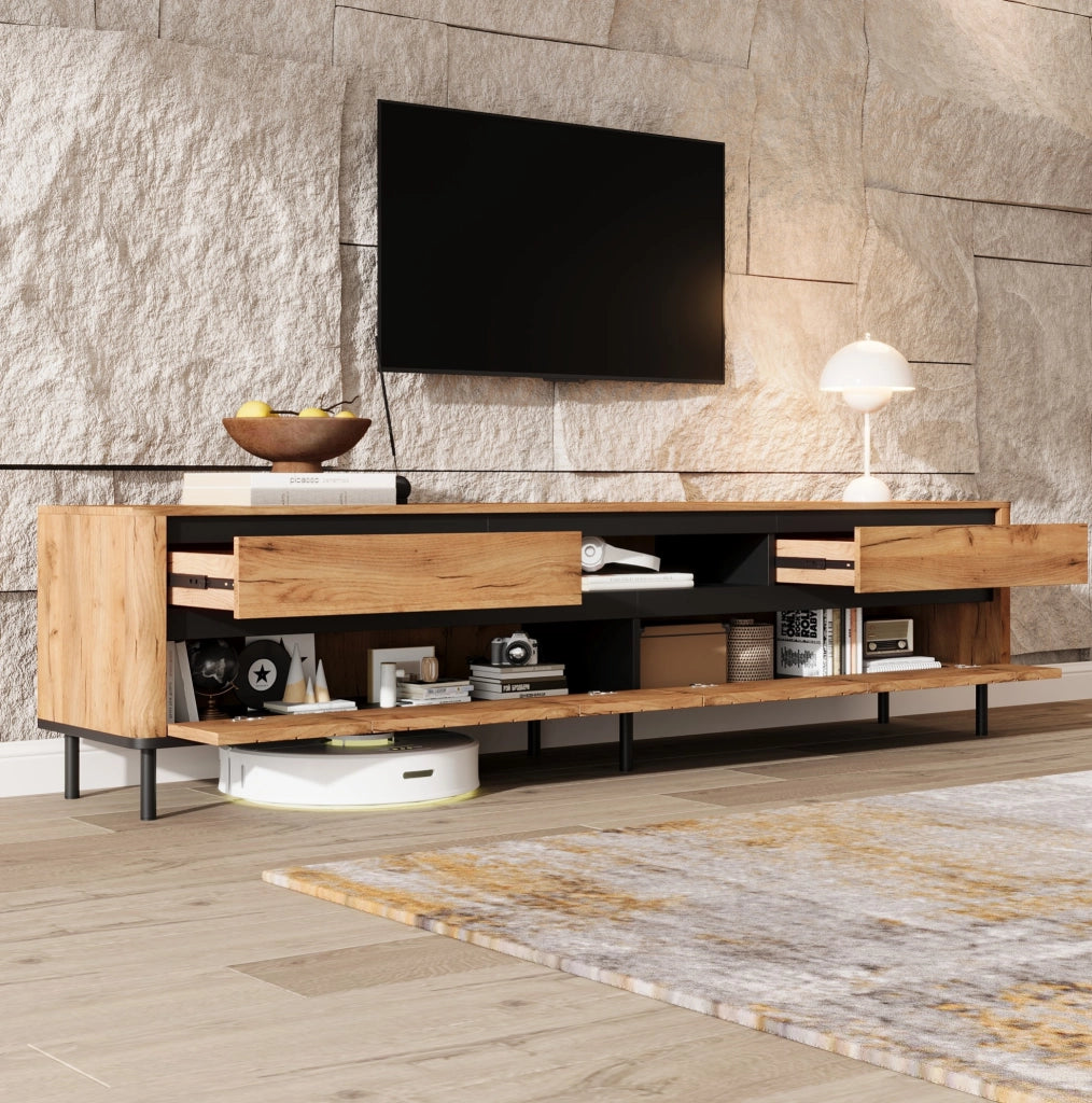 Mobile TV 180x40x52 cm con 2 cassetti; 2 ante a ribalta; MDF; nero e naturale