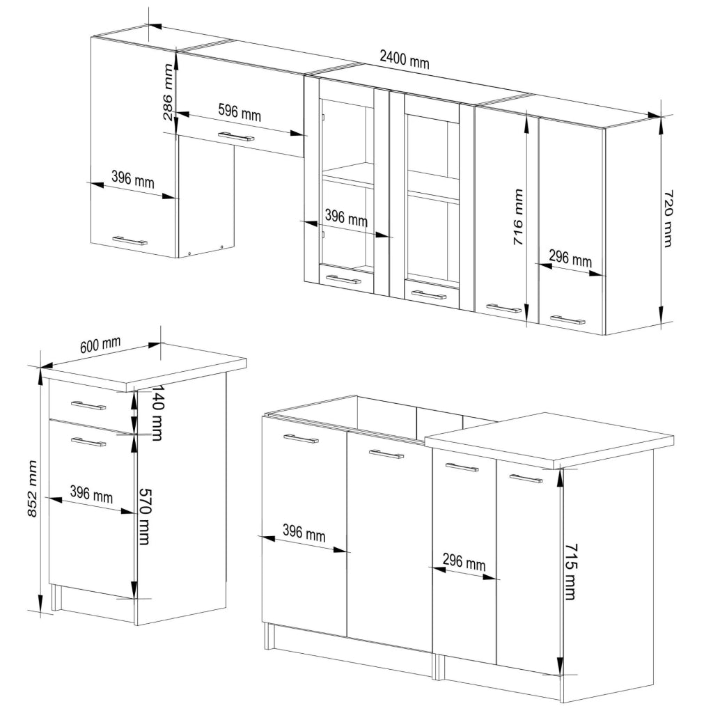 Set da cucina con vetrina AKORD OLIWIA 2,4 m Bianco 240 cm 11 ante 1 cassetto frontale Bianco 240×46×203 cm