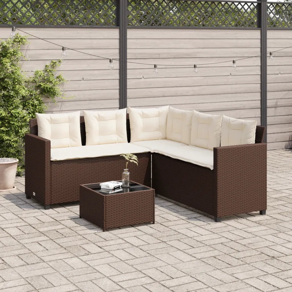 Divano da Giardino con Tavolo e Cuscini a L Marrone Polyrattan 369040