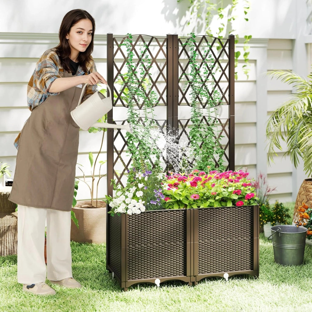 Letto da Giardino Elevato con Trellis a Lattice, Fioriera Autoinnaffiata per Piante Rampicanti, Fiori e Verdure, Fioriera Verticale da Interni e Esterni (Marrone,80 x 40 x 140 cm)