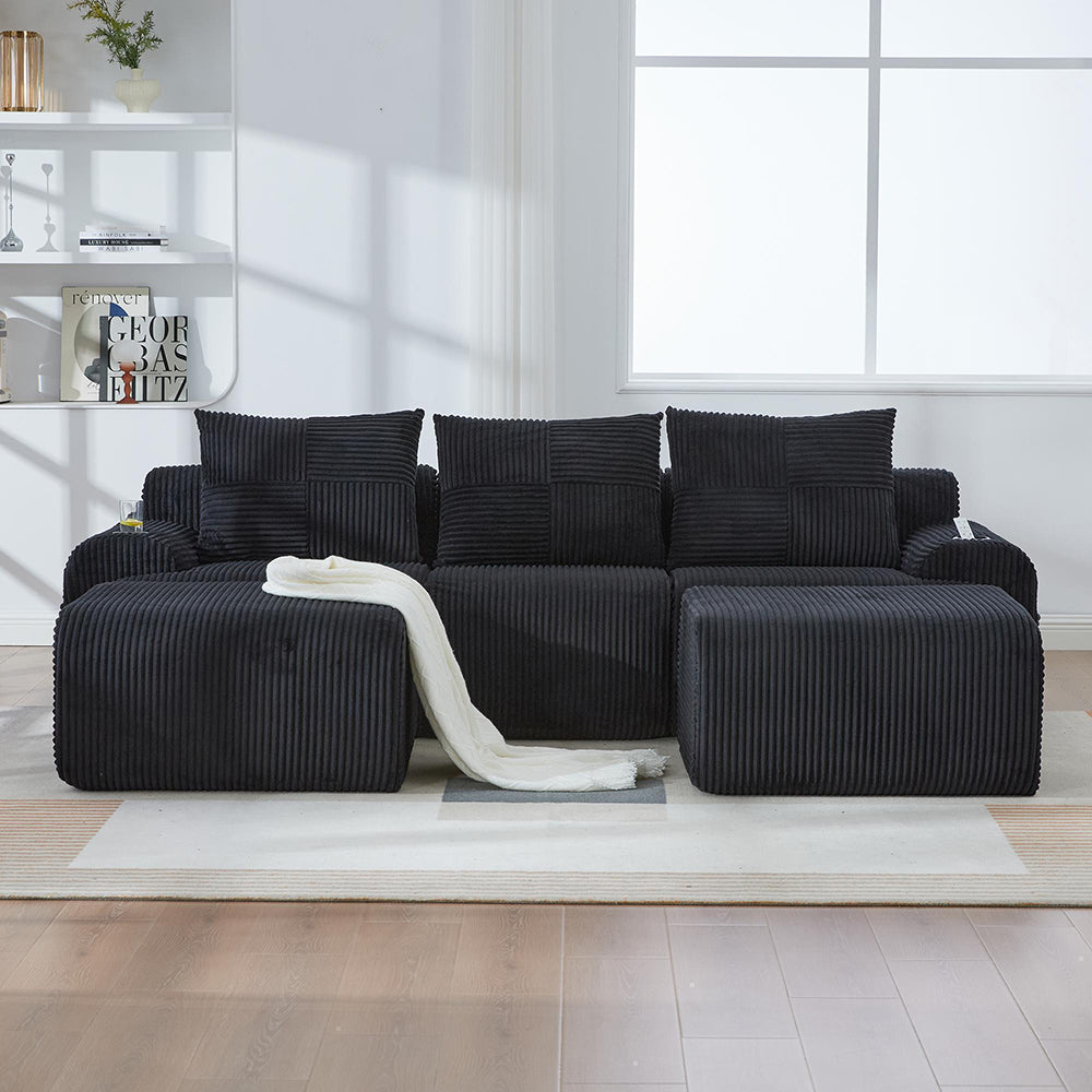 Divano modulare in velluto costato per 3 persone con 2 sgabelli - Xylo - Portabicchieri e tascone laterale