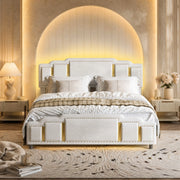 DESMIU Letto con cassetti 140 × 200 cm 2 posti con cassetti, LED e contenitore, senza materasso, in velluto beige