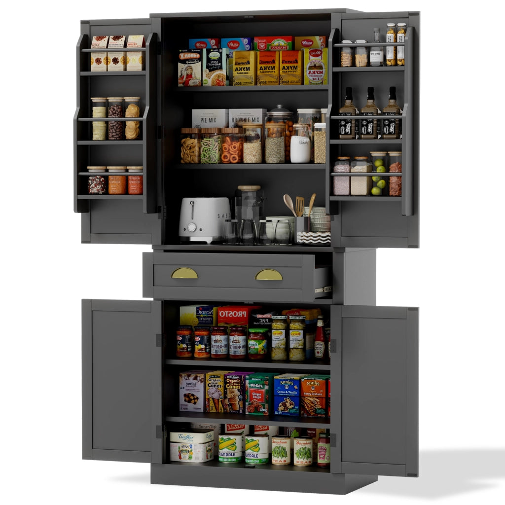 OKWISH Credenza Alta da Cucina con 4 Ante e 1 Cassetto, 4 Ripiani Regolabili, per Cucina o Sala da Pranzo, MDF, 80 x 40 x 182 cm