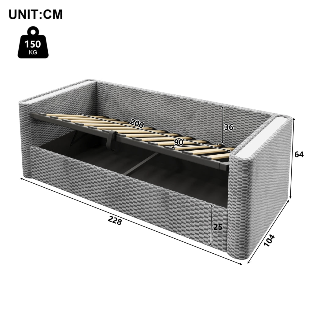 Divano letto 90x200 cm con contenitore idraulico e LED in velluto grigio