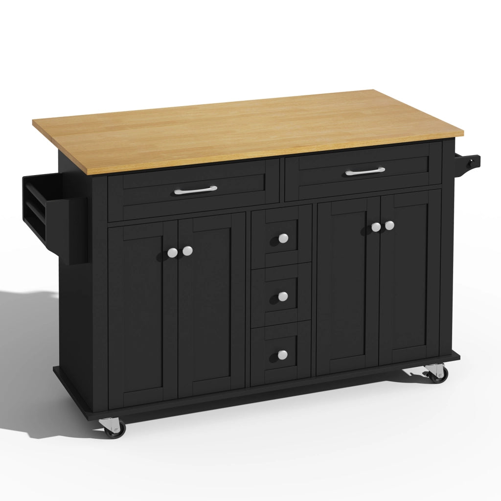 Isola da Cucina Mobile 140x40/65x89 cm Nera e Legno con Piano Ribaltabile, 5 Cassetti e 5 Ruote