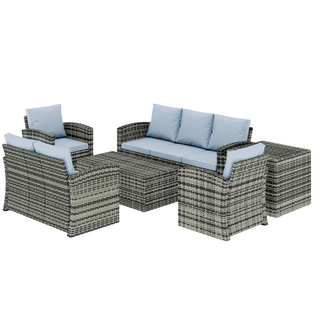 Set da Esterno 6 Pezzi con 2 Tavolini Contenitore 2 Divani e 2 Poltrone in Rattan e Acciaio Grigio