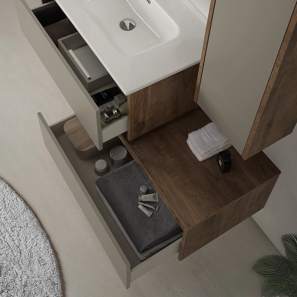 Mobile bagno sospeso 80 cm in legno tabacco e tortora 2 cassetti, colonna, lavabo e specchio Smok