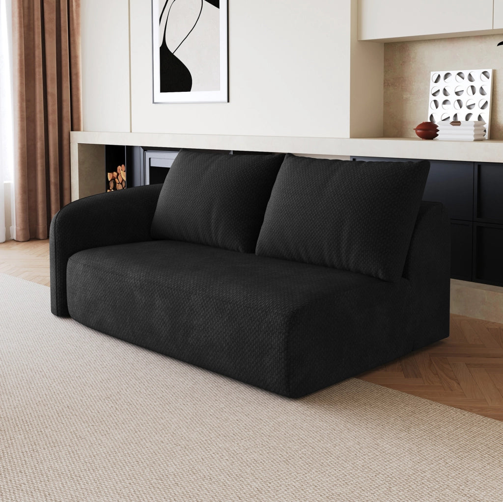 Divano angolare in tessuto nero senza montaggio, design moderno con seduta confortevole