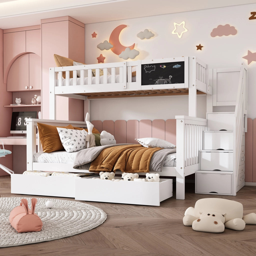 Letto a castello per bambini bianco 90x200 cm con lavagna, cassetti e spazi contenitore, senza materasso
