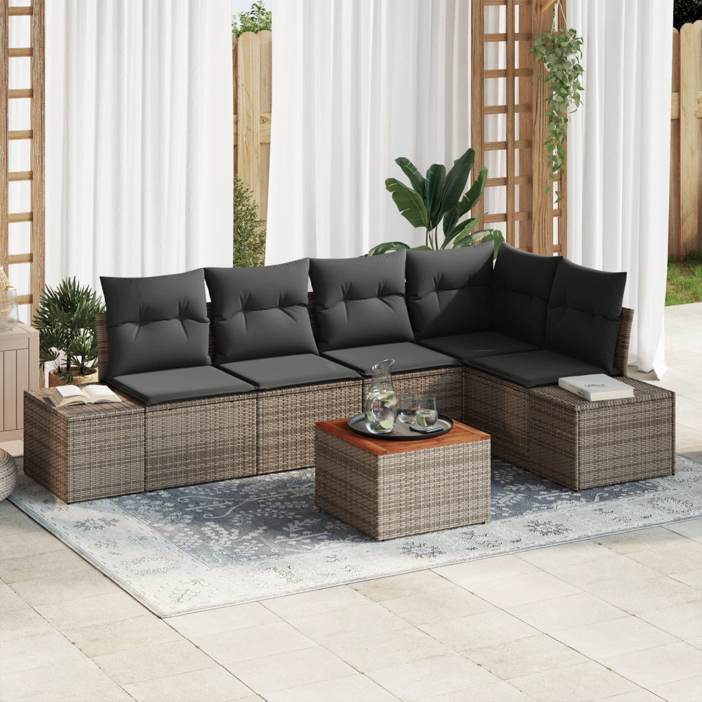 Set di Divani da Giardino da 6 Pezzi con Cuscini Grigio Polirattan Acacia
