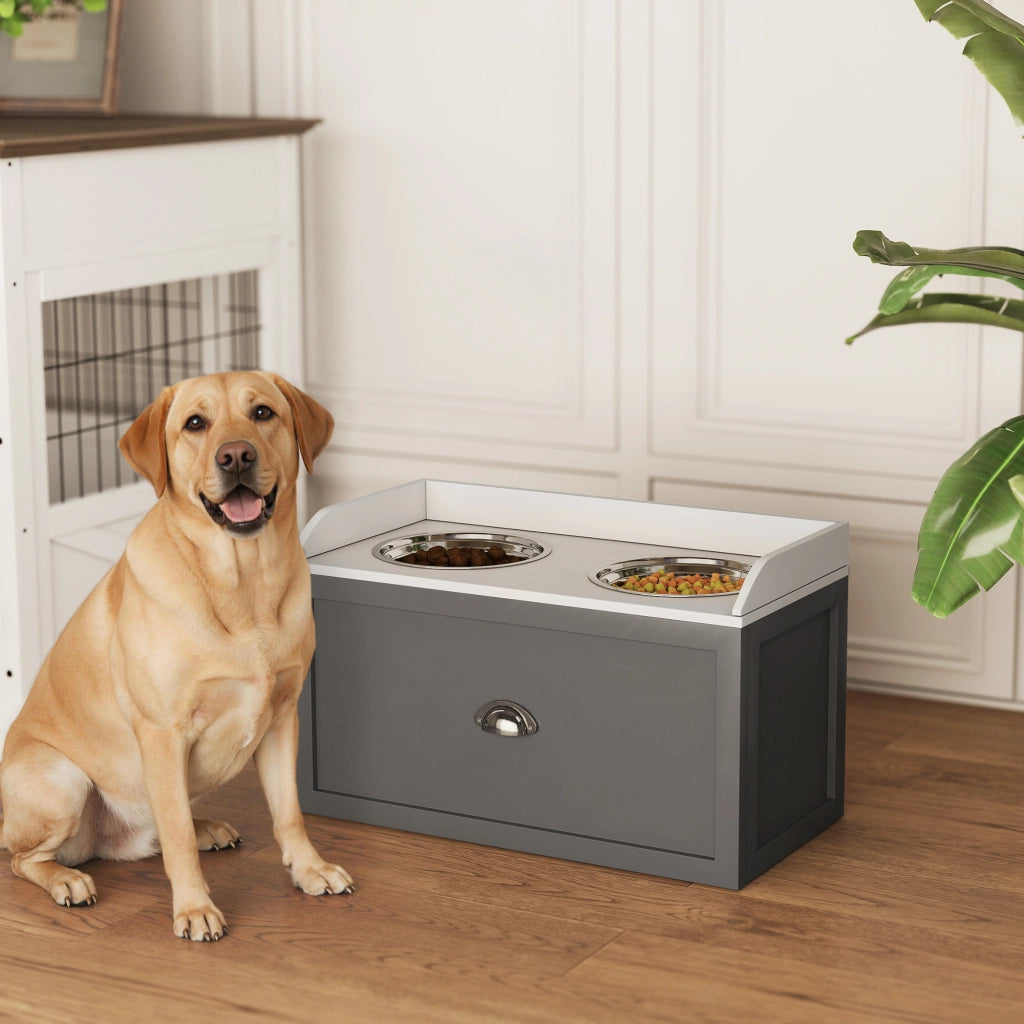 Ciotole rialzate per cani e gatti con cassetto portaoggetti ¨C Xylo ¨C acciaio inox, MDF bianco grigio