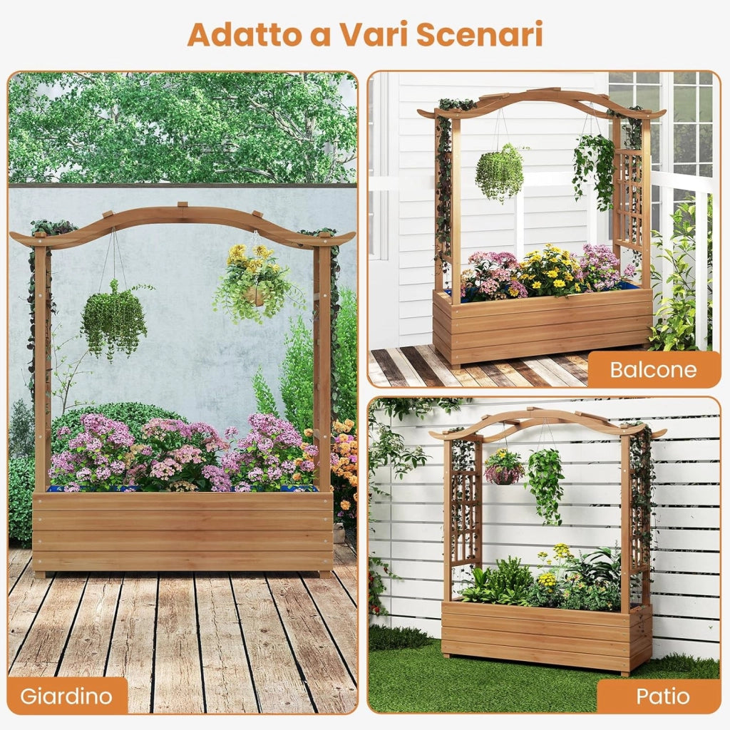 Letto da Giardino Rialzato, Fioriera in Legno con Tetto Sospeso, 2 Tralicci Laterali, Contenitore Inferiore, per Fiori, Verdure e Piante Rampicanti, Aiuola Elevata per Giardino e Terrazzo