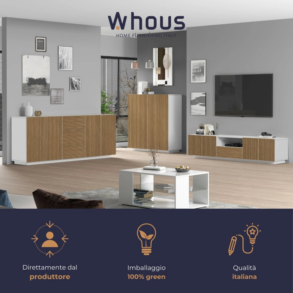 WHOUS Credenza Coste a 4 ante e 3 cassetti bianco opaco e legno chiaro 220,1x43x86 cm