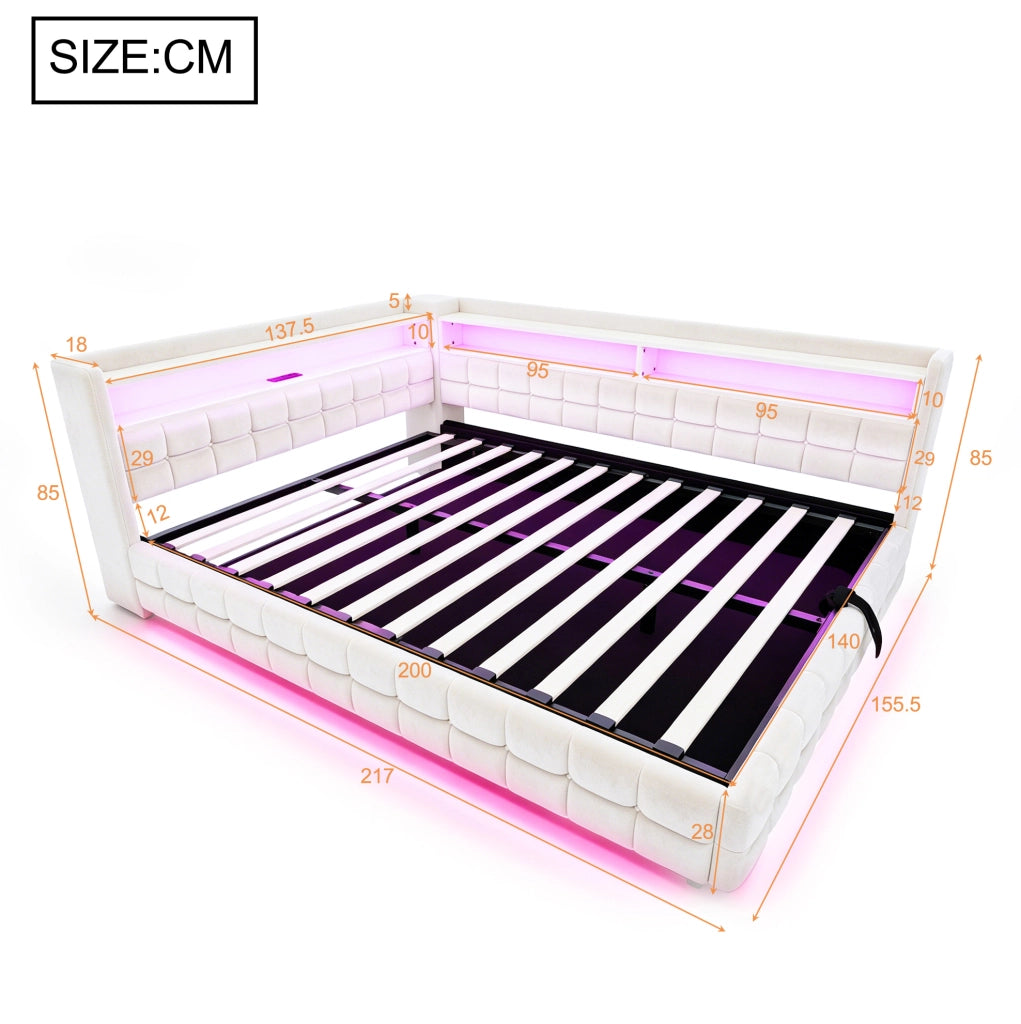 Letto imbottito trasformabile 140x200 cm in velluto beige con contenitore; LED e prese