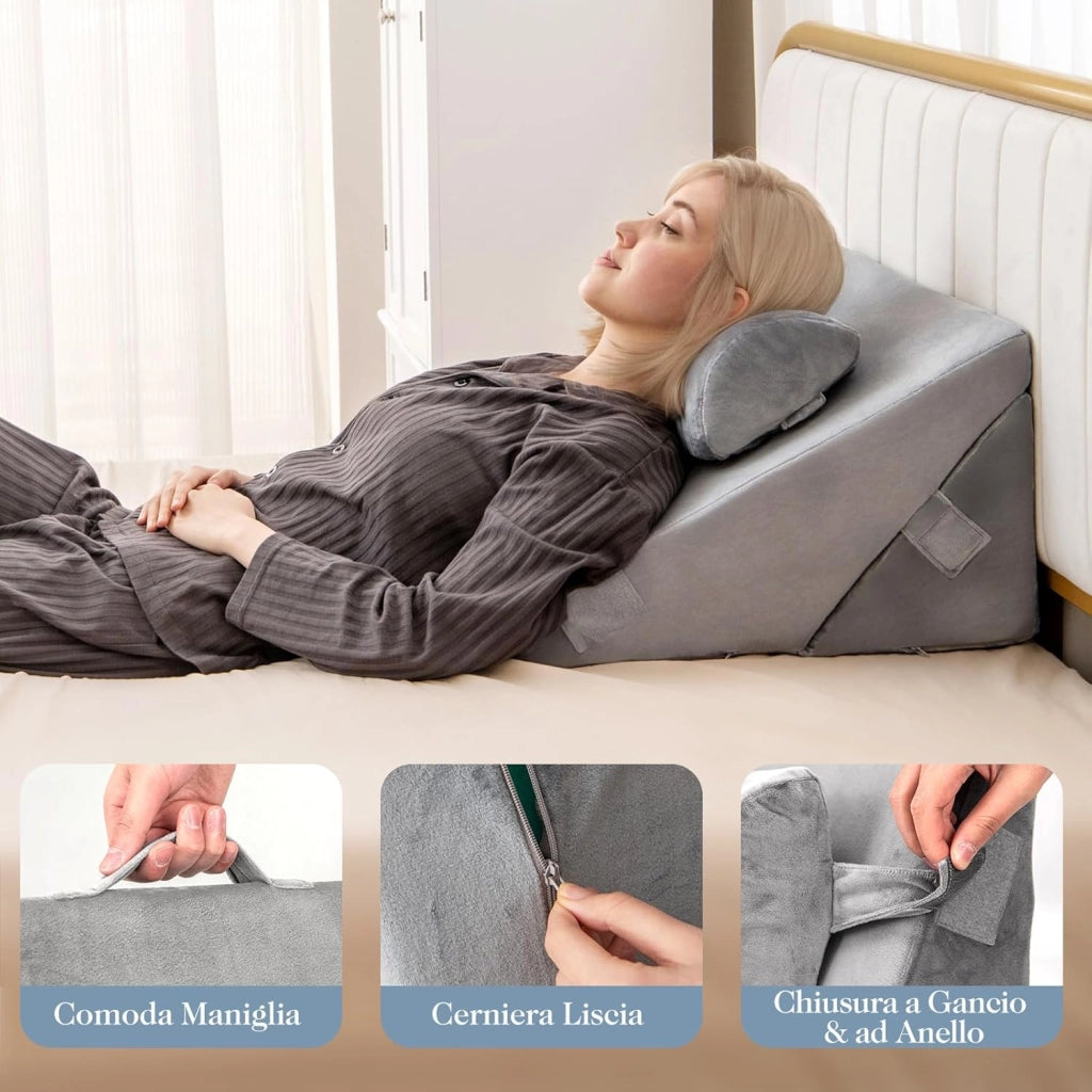 Set di 3 Cuscini a Cuneo per Letto, Cuscino Inclinabile Regolabile con Schiuma Memory Air, Set di Cuscini Alleviare il Dolore alla Schiena (Grigio)