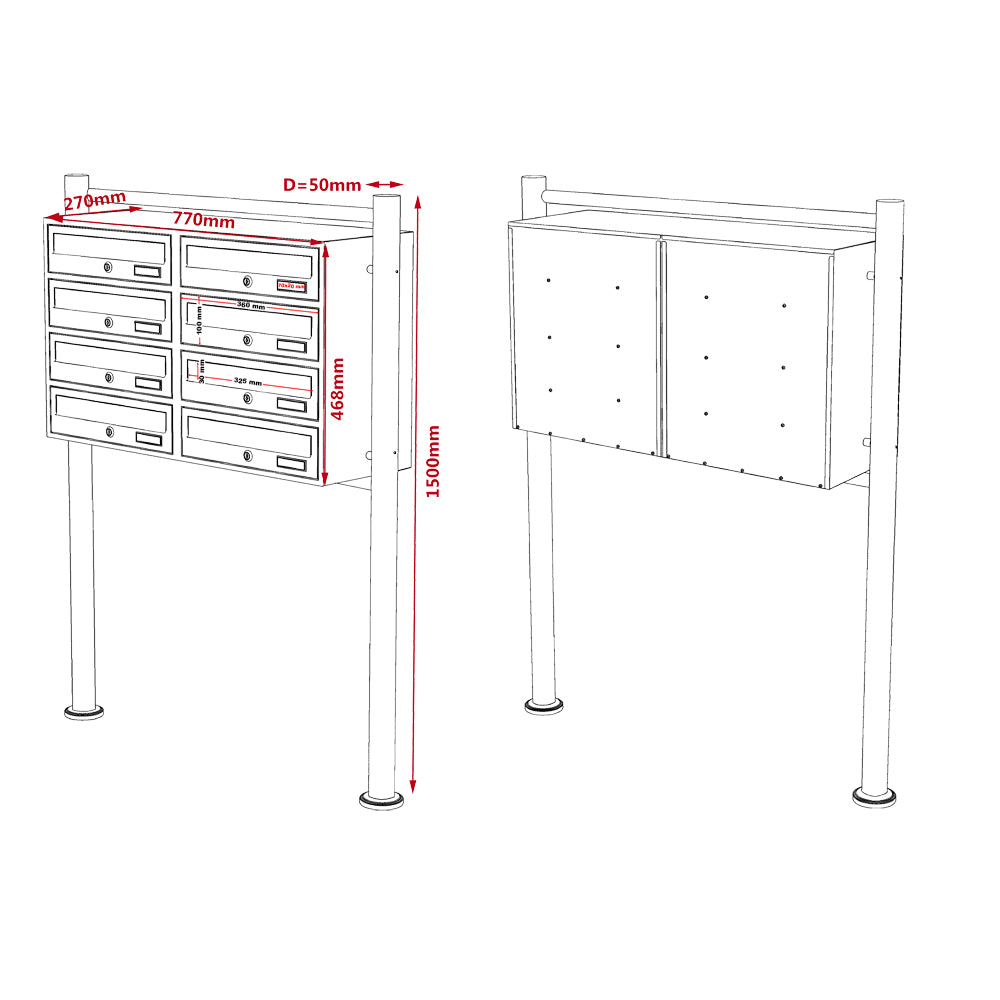 Cassetta postale condominiale autoportante, 8 posti, nero, 945 x 270 x 1500 mm 2 moduli