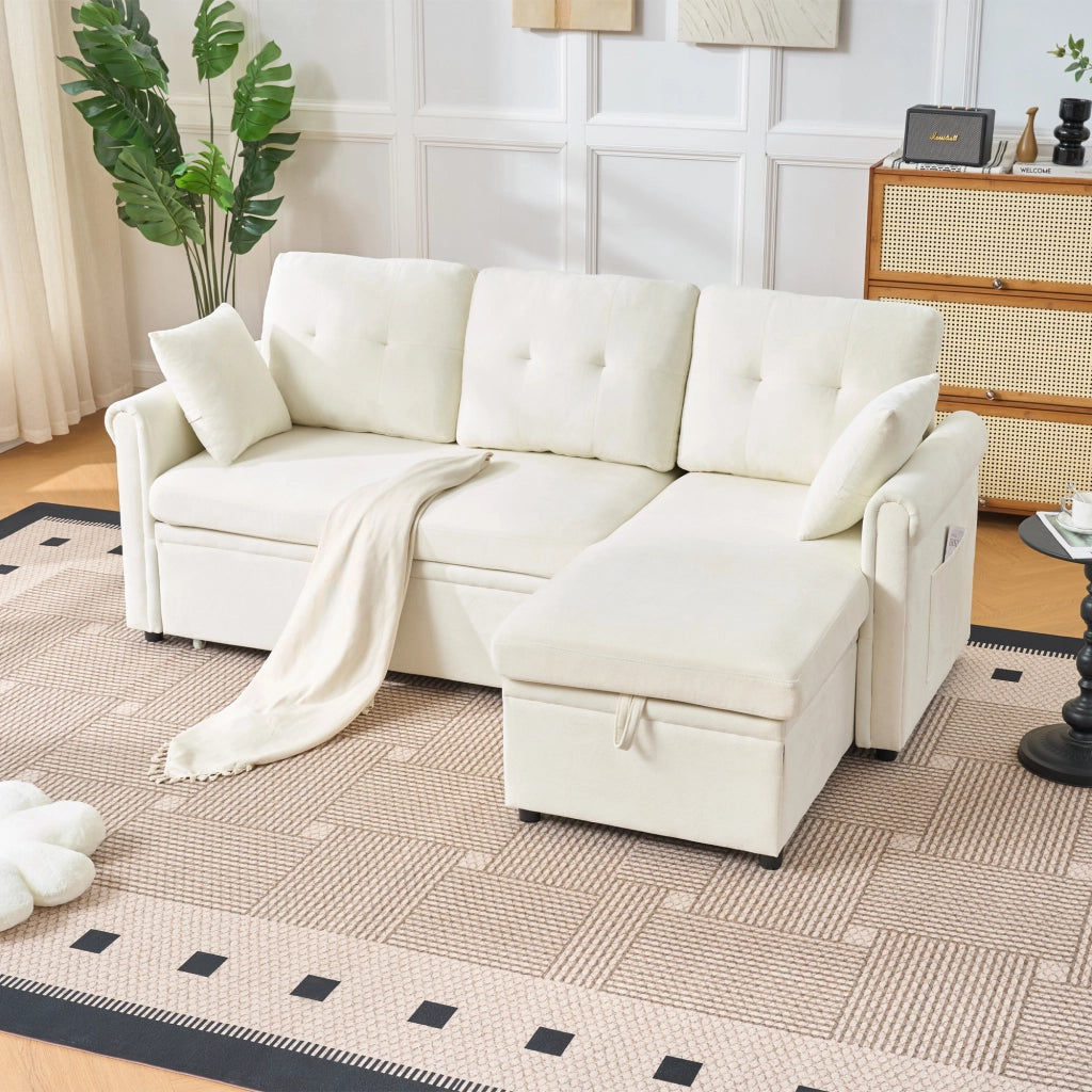 Divano angolare convertibile con letto, contenitore e chaiselongue reversibile con tasche laterali in chenille beige