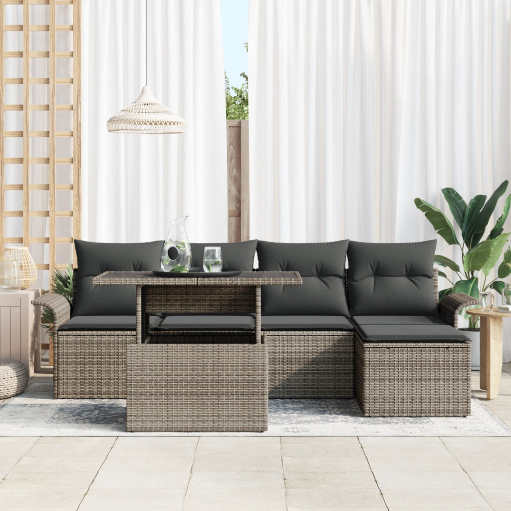 Set Divano da Giardino 6 Pezzi con Cuscini Grigio Rattan Sintetico