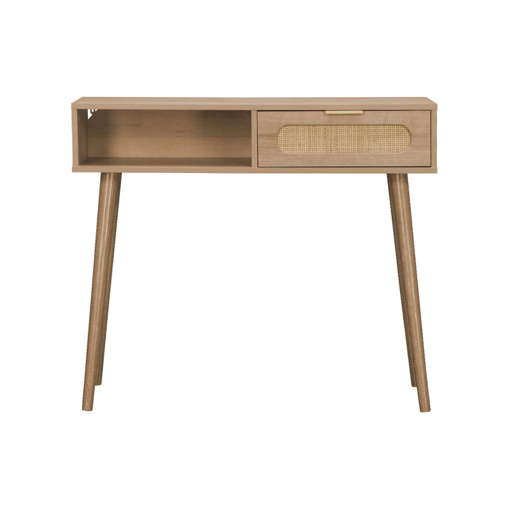 Consolle scandinava in canna e legno, 100cm, marrone naturale