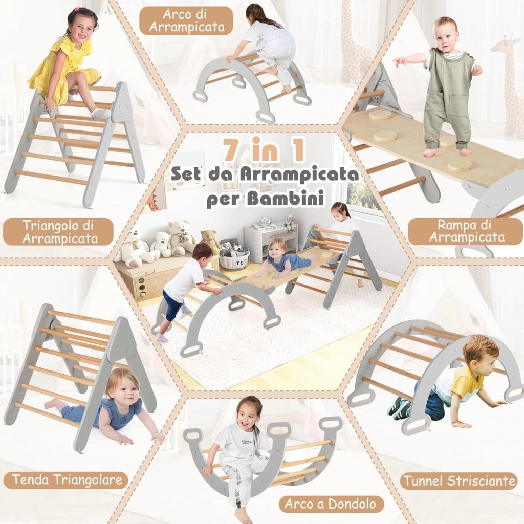 4 in 1 Set da Arrampicata per Bambini, Giocattoli da Arrampicata a Triangolo con Triangolo Arco e Salita, Ideale per Bambini 1 Anni + (Grigio)
