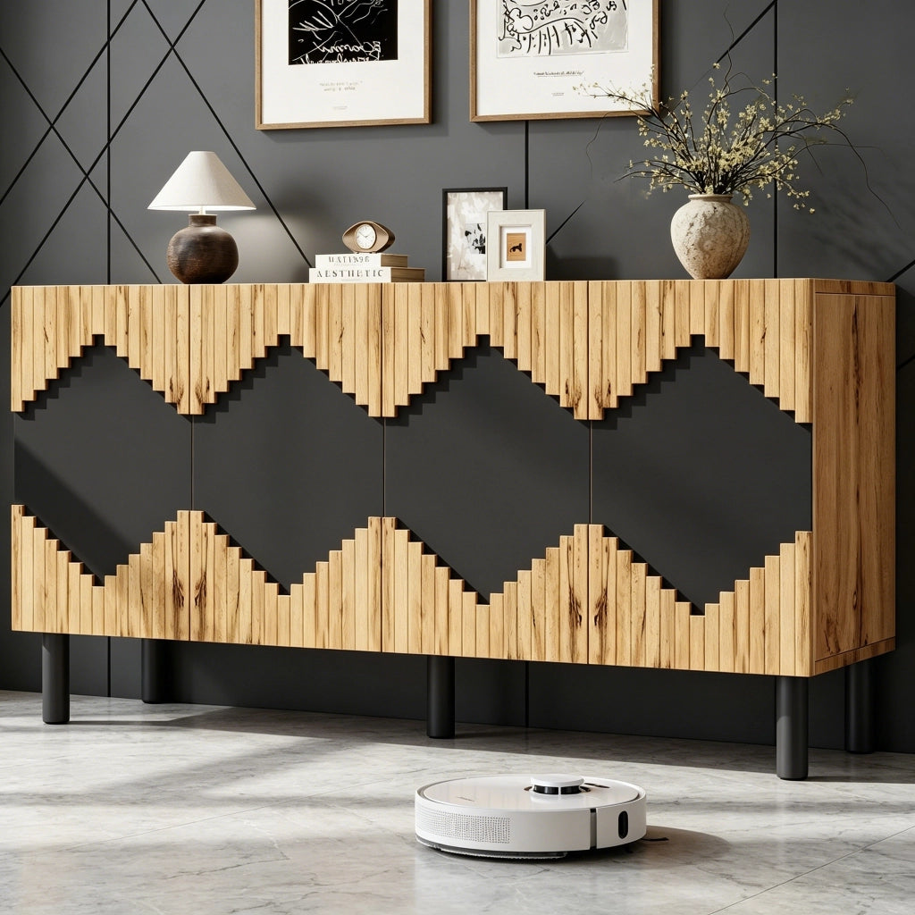 Credenza con ante push-open e 4 vani - per soggiorno - 140x40x70 cm - naturale e nero