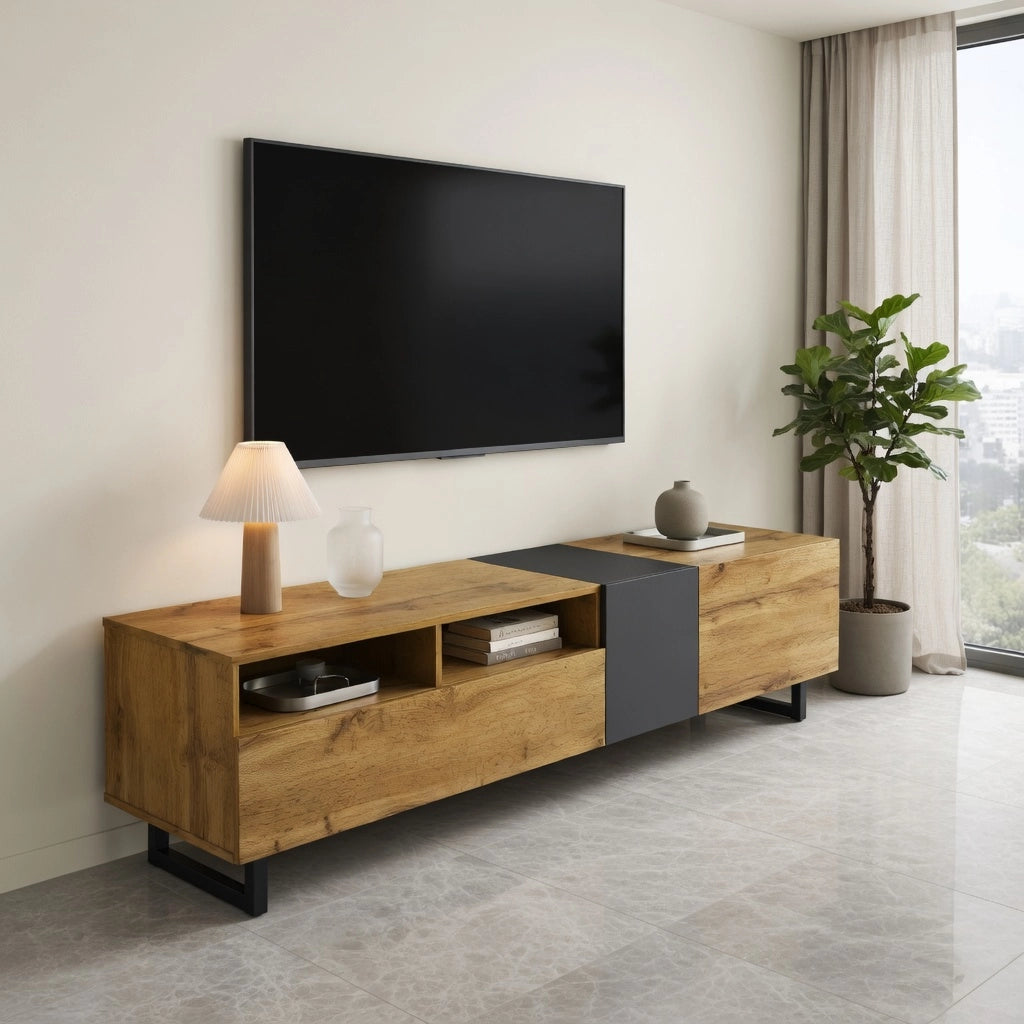 Cassettiera per TV grigio scuro antico e naturale in truciolato lunga 170 cm