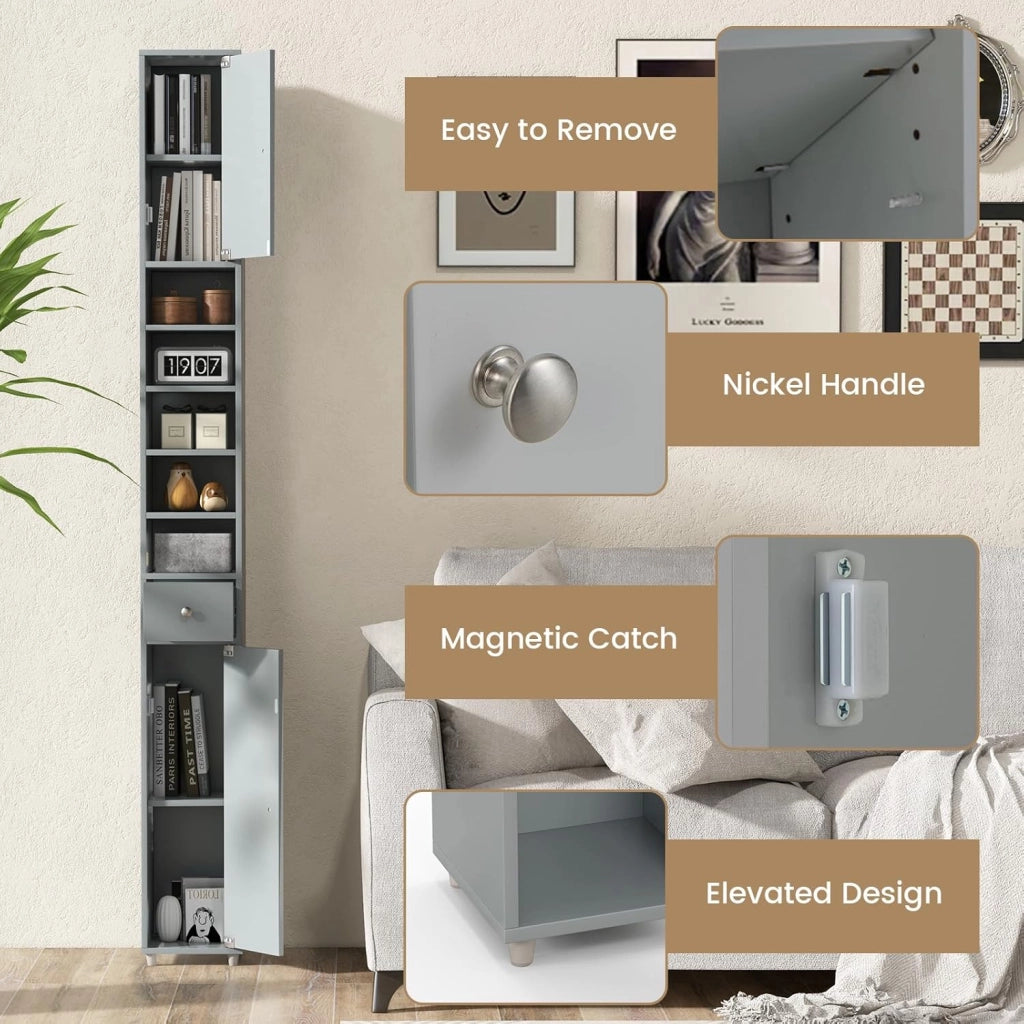 Armadio da Bagno Sottile e Alto con Ante, Mobiletto Bagno Salvaspazio Cassetto e Ripiani Regolabili, Design Moderno, 20 x 20 x 180 cm, 4 Colori