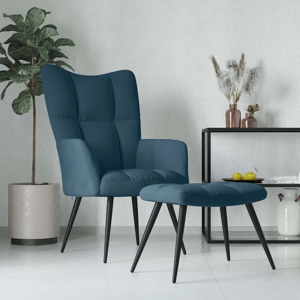 Divano Sedia-Poltrona Relax con Poggiapiedi Blu in Velluto 404649